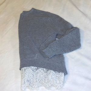 Gray Sweater with Lace Hem and Back Details